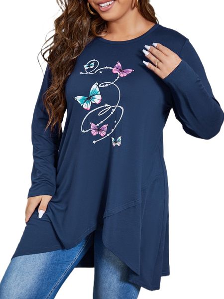 

plus butterfly print longline tee 67be#, Black