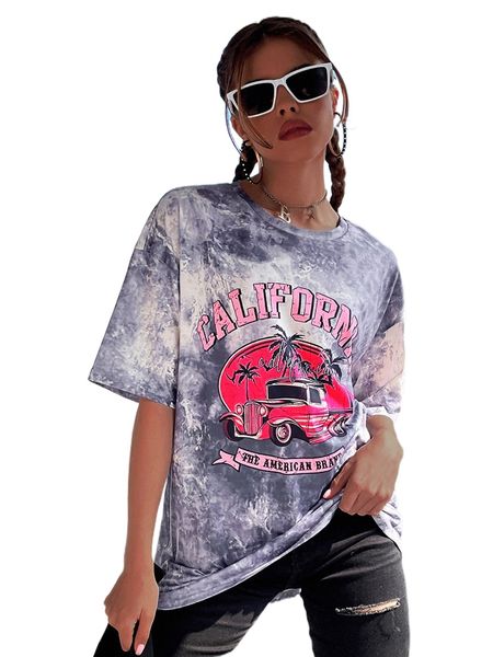 

tie dye car and letter graphic drop shoulder tee t6kc#, White