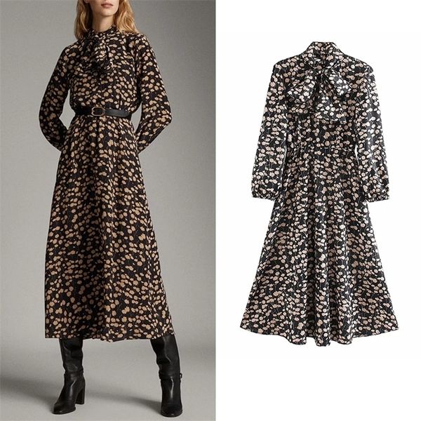 

za women dress elegant floral print mid calf stylish dress long sleeve bow tie aline dresses female vintage slim vestidos t200320, Black;pink