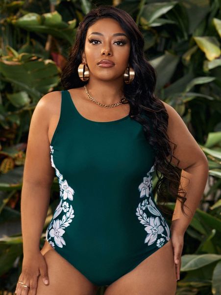 

plus floral print one piece swimsuit b6t8#, White;black