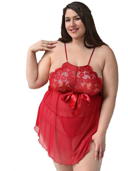 

plus mesh contrast lace belted slips without liner o86h#, Black;white