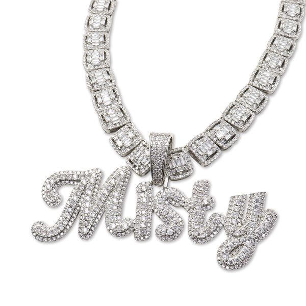 

pendant necklaces dobling custom big brush cursive letters nameplate necklace cz iced out customized icy name choker charm with rope/ amzct, Silver