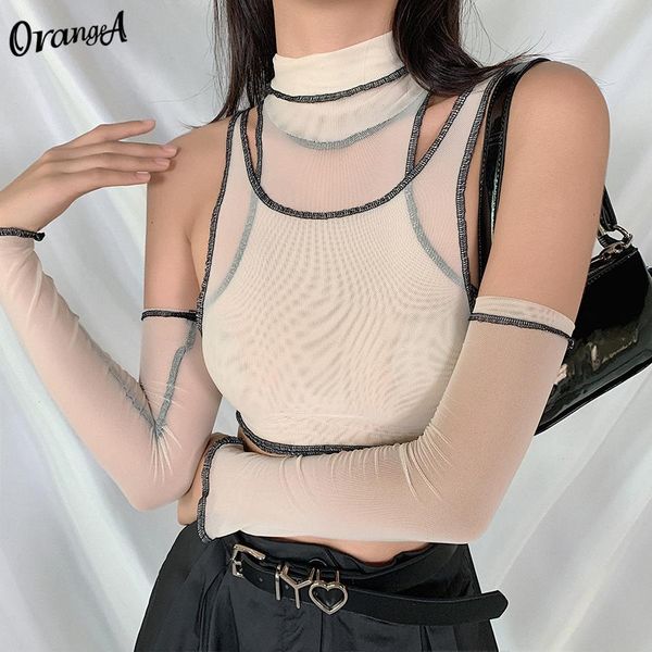 

orangea women fashion mesh two piece crop with sleeve turtleneck streetwear party clubwear female see though slim vest, White