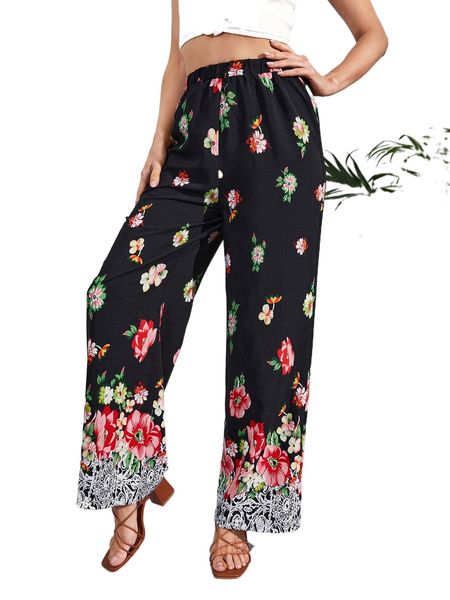 

f.loral print w.ide l.eg p.ants o0fh#, Black;white