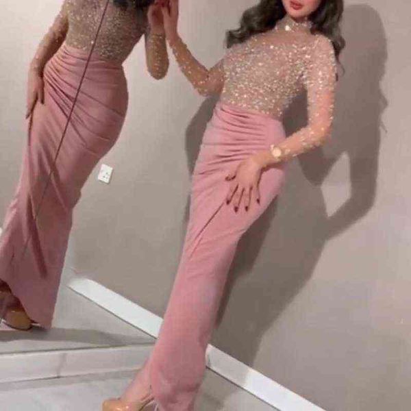 

2021 Summer Women Glitter Sequin Dress Shiny O Neck Mesh Patchwork Club Party Long Sleeve Bodycon Ruched Long Split Dresses Pink T220804