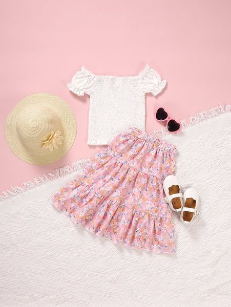 

little girl's bubble sleeve, ear edge pleated and printed ruffle skirt she, White