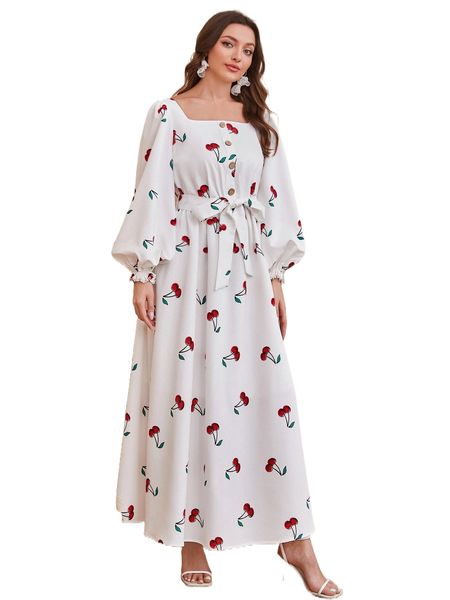 

1pc cherry print square neck lantern sleeve belted dress y5oa#, Black;gray