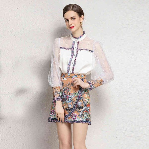 

women's two piece pants summer women's two-piece set fashion perspective nail bead long sleeve white shirt printed a-line skirt se