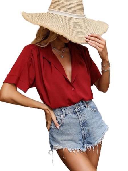 

solid button front ruched blouse h1w3#, White