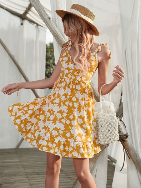 

tie shoulder allover floral ruffle hem dress b7e3#, Black;gray