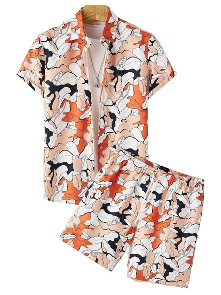 

men random allover print shirt & drawstring waist shorts without tee 37un#, Gray