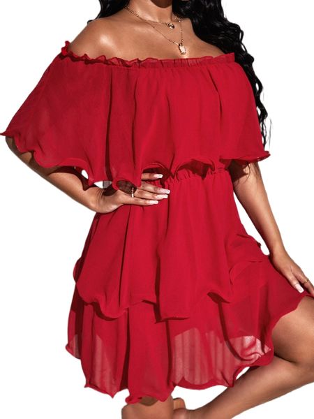

sxy off shoulder frill trim layered hem dress 48sv#, Black;gray