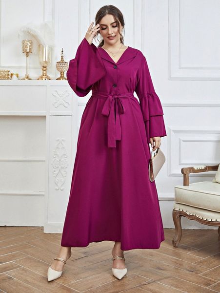 

plus layered flounce sleeve belted dress z4jw#, Black