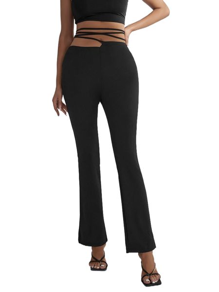 

sxy asymmetrical waist crisscross tie back boot-cut leg pants g35n#, Black;white