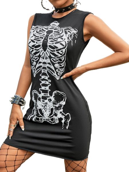 

skeleton print tank dress x5a9#, Black;gray