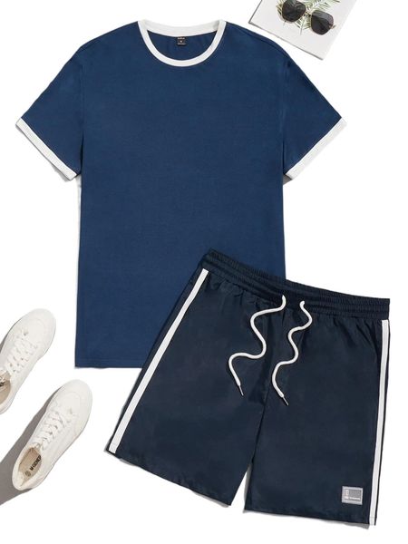 

men ringer tee & patch detail drawstring waist shorts c92m#, Gray