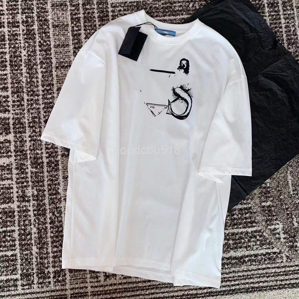 

women's t-shirt 22 early spring pr letter mermaid series inverted triangle print aging fashion couple round neck short sleeve t-shirt, White