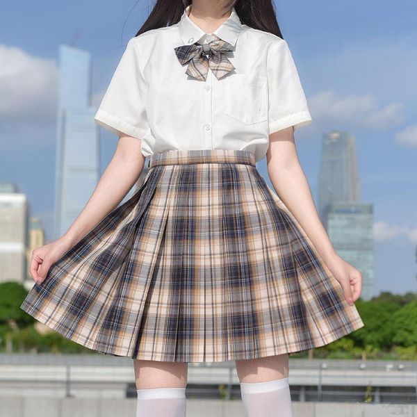 

clothing sets japanese girl's summer high waist pleated plaid skirts for jk school uniform students cloths sailor suit shirt skirt bow, White