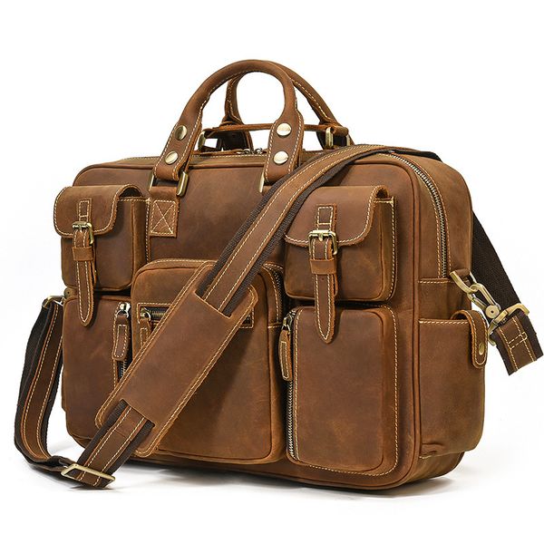 

crazy horse leather retro briefcase mens leathers handbag multi pocket travel bag eather shoulder bag computerbag