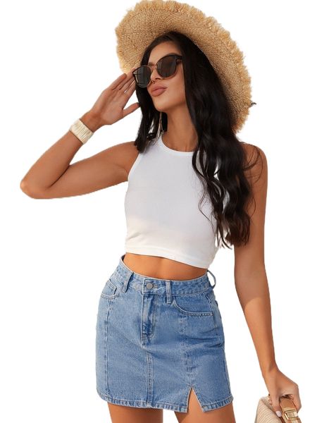 

split hem high waist denim skirt r303#, Black