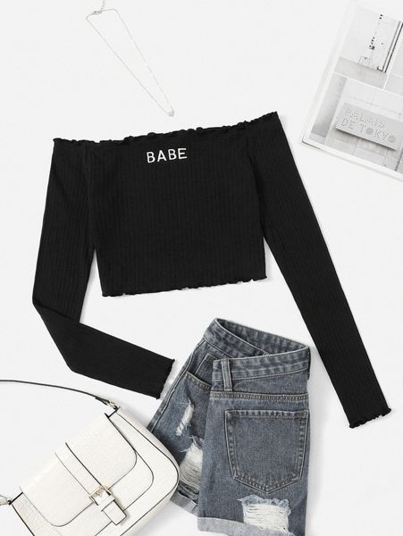 

letter embroidery off shoulder lettuce trim tee u7px#, White