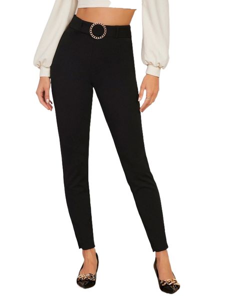 

solid o-ring detail belted skinny pants 65fk#, Black;white