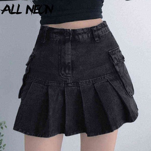 

men's skirt allneon mall goth y2k high waist jean skirts e-girl aesthetics black denim pleated with big pockets grunge punk outfits 220
