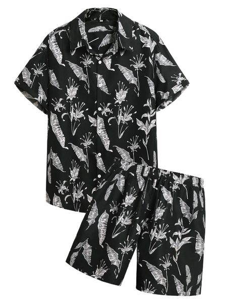 

men tropical print shirt & drawstring waist shorts v7za#, Gray