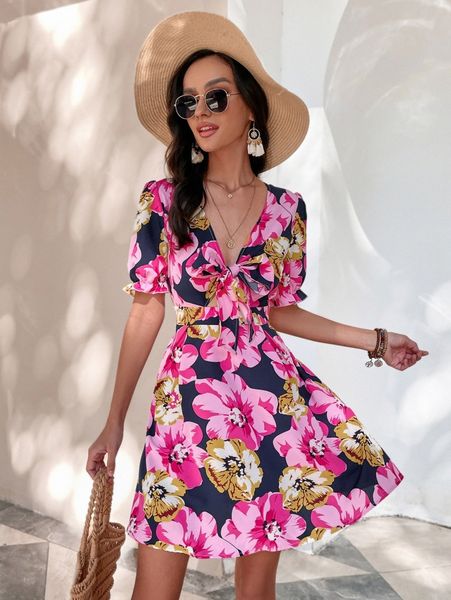 

floral puff sleeve knot front dress 254e#, Black;gray