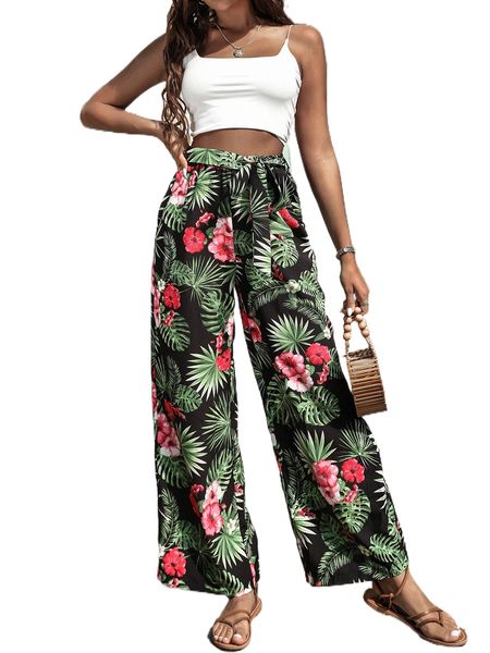 

tropical print belted pants t1f2#, Black;white