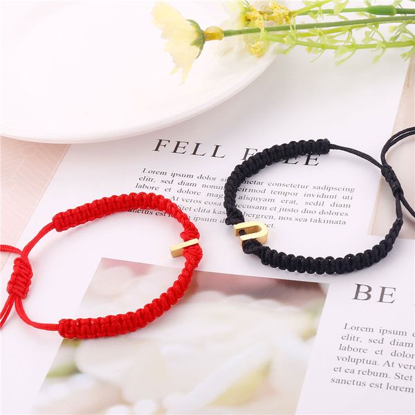 

handmade stainless steel 26 letter charm bracelet adjustable black red thread string rope personality initial bracelets couple jewelry, Golden;silver