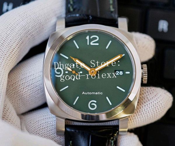 44 -мм зеленые циферблаты часы мужчины смотрят мужские автоматические с.9001 Движение механическое 1056 против черного кожаного ремня Pam Firenze VSF Sapphire Auto Date Стальные наручные часы.