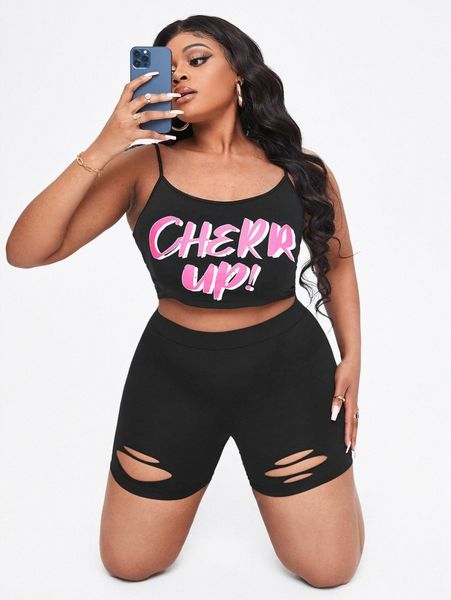 

sxy plus letter graphic cami & cut out shorts y7uo#, Black