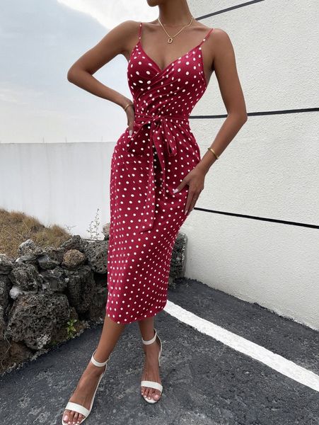 

polka dot print tie front wrap dress x2ym#, Black;gray