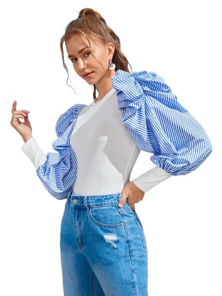 

contrast striped gigot sleeve bodysuit i8yz#, White