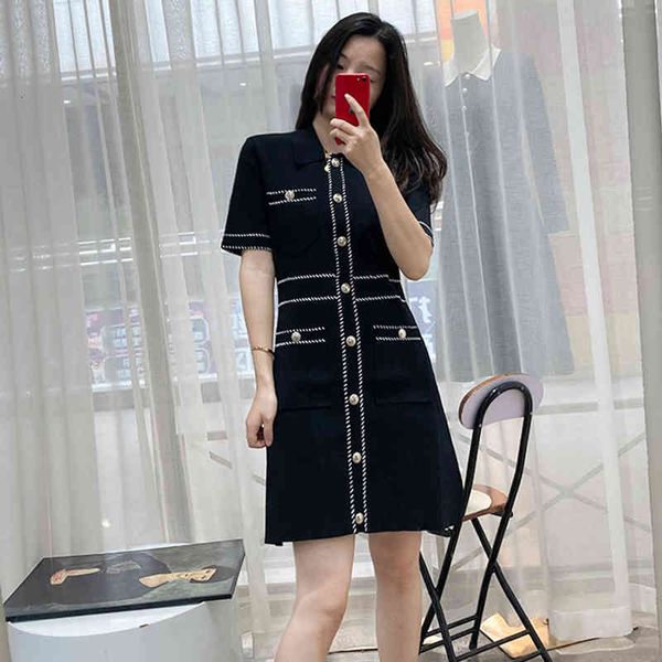 

casual dresses jinchen's same  family spring and summer french style niche light luxury celebrity bright line short sleeved knitted dr, Black;gray