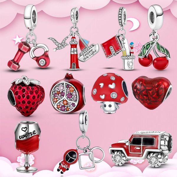 Charms ciondolo in argento sterling 925 per Pandora Scatola originale Fungo Melograno rosso Fragola Auto Cuore Charms perline europee Bracciale Collana creazione di gioielli