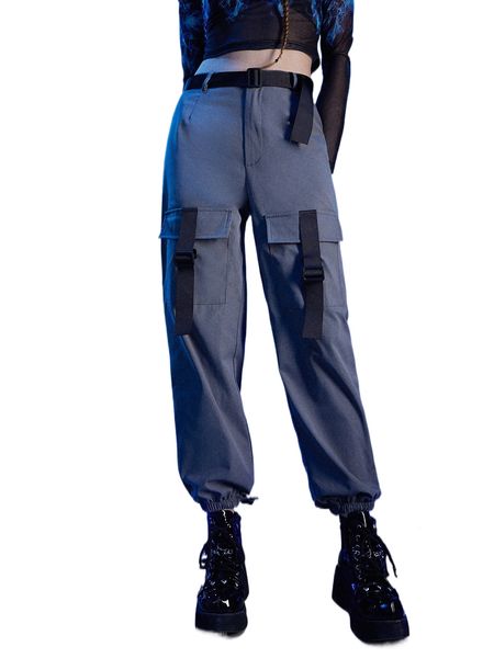 

romwe cyber luvr flap pocket buckled cargo pants f4wx#, Black;white