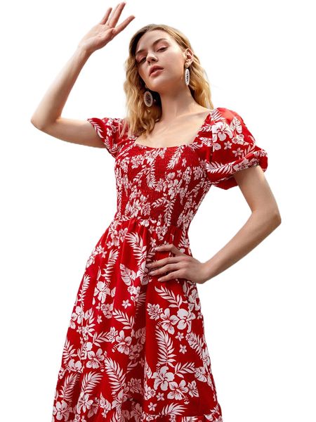 

tropical print shirred puff sleeve ruffle hem dress l6al#, Black;gray