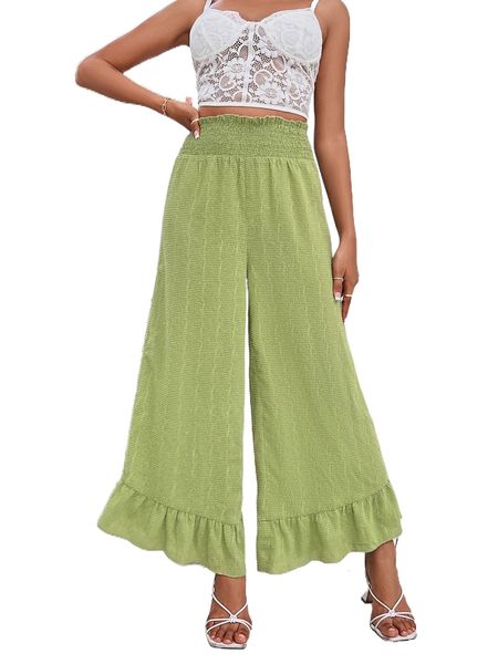 

shirred ruffle hem wide leg pants s2gq#, Black;white