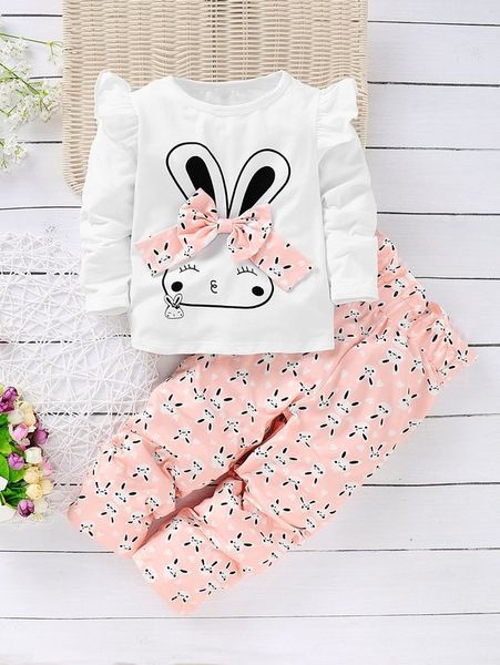

toddler girls bow front rabbit print tee with paperbag pants she01, White