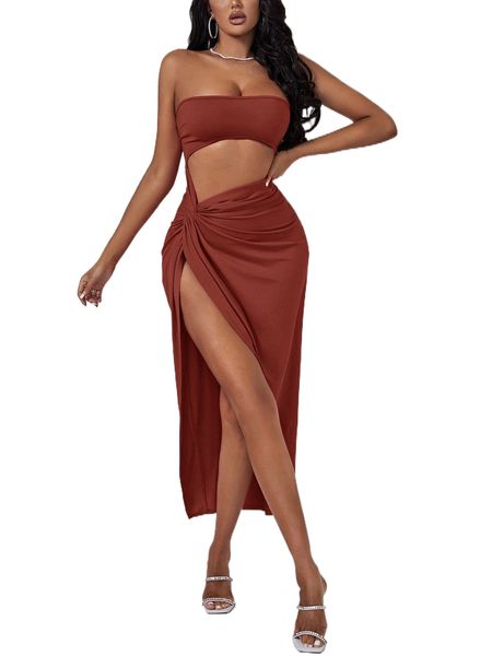 

sxy cutout twist front split thigh dress s6yt#, Black;gray