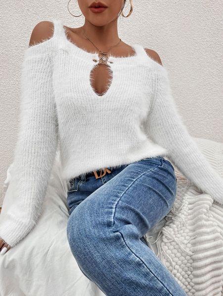

cold shoulder fluffy knit cut out front sweater 7180#, White;black