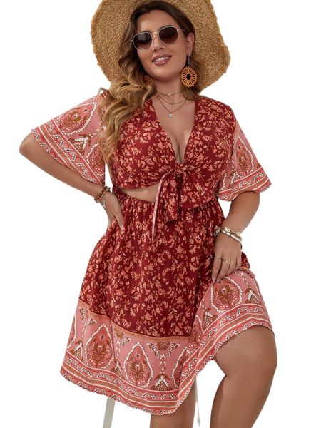 

plus floral print knot front cut out butterfly sleeve dress 35n5#, Black