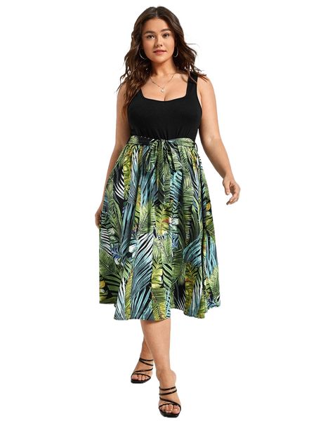 

plus tropical print belted dress 85vp#, Black