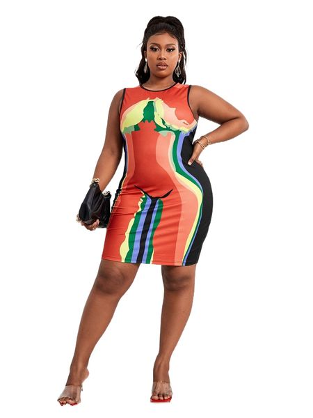 

sxy plus graphic contrast binding bodycon tank dress g9ij#, Black