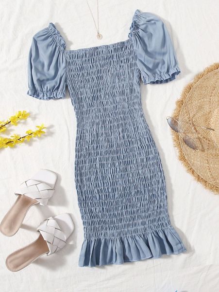 

puff sleeve ruffle hem shirred dress d03a#, Black;gray