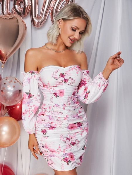 

eilly bazar off shoulder floral print ruched dress c8kh#, Black;gray