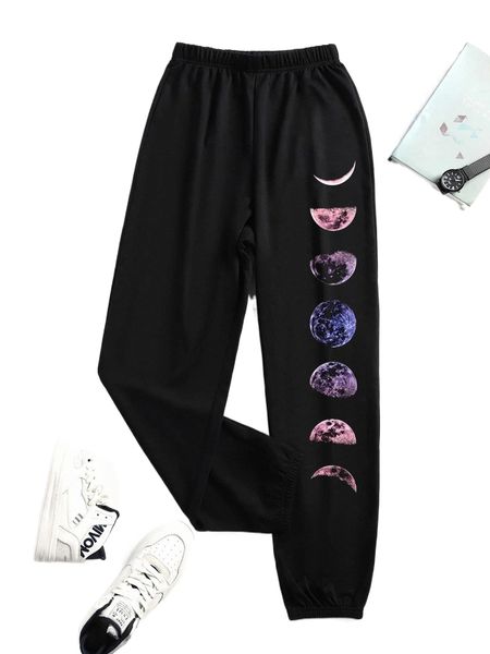 

moon print elastic waist sweatpants t4nk#, Black;white