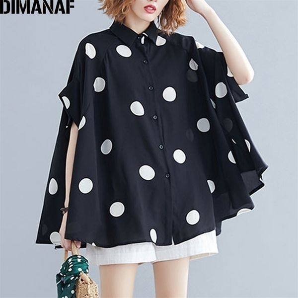 Dimanaf plus size size camisa de blusa grande tamanho grande verão lady tops tunic impressão polka dot roupas femininas soltas manga batwing 210326